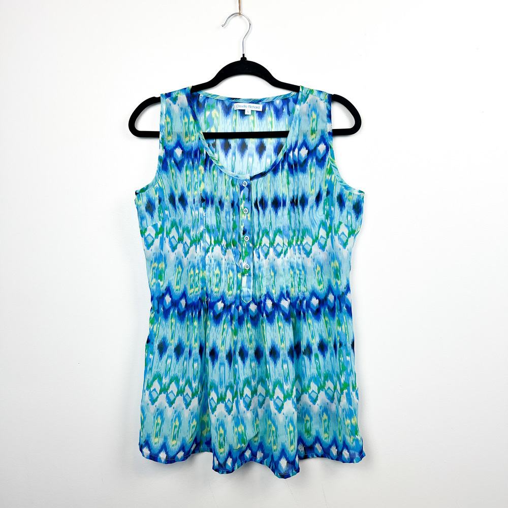 Claudia Richard Sheer Blue Patterned Sleeveless Summer Blouse